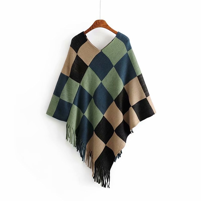 Artguy farge firkantet sjal skjerf gitter genser dusk uregelmessig v-hals gensere gensere poncho kvinner casual cape wrap topper: Khaki grønn