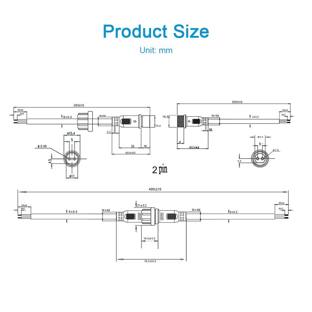 Conector LED impermeable de 2 pines, conector macho y hembra de 2 núcleos, IP65 con Cable de 20cm, 18AWG, 2x 0.75mm, tuerca de 21mm para LED JK1567, 5 pares