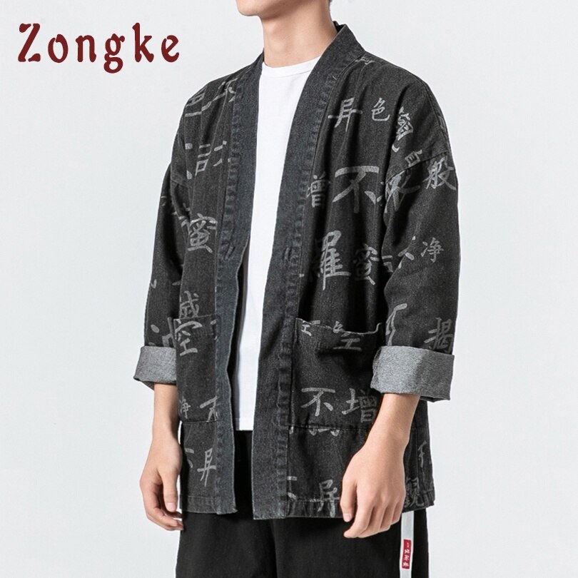 Zongke Chinese Buddhist Scripture Print Kimono Cardigan Japanese Kimono Men Jacket Streetwear Mens Kimono Denim Jacket Men