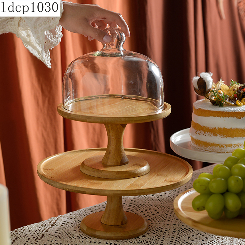 Ceramic Wooden Bottom High Foot Cake Plate Glass Cover Tray European Fruit Plate With Lid Cake Stand Dessert Table