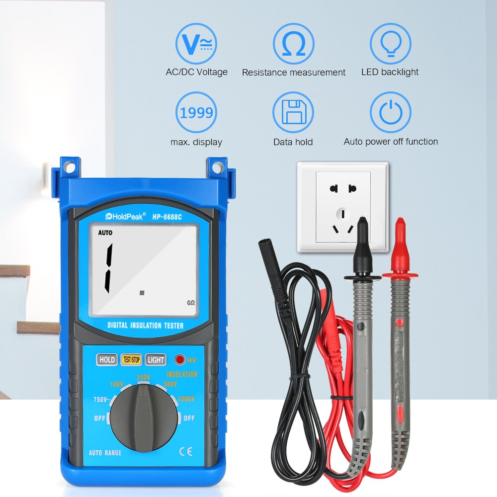 HoldPeak Auto-range LCD Digital Insulation Resistance Tester Megohm Meter Megger Megohmmeter DC100V/250V/500V/1000V Voltmeter