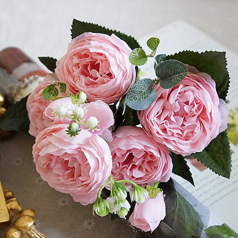 roze grote pioen kunstbloemen elegante mooie zijden nep bloemen blossom pioenen bruiloft home party decoratie blad: 4