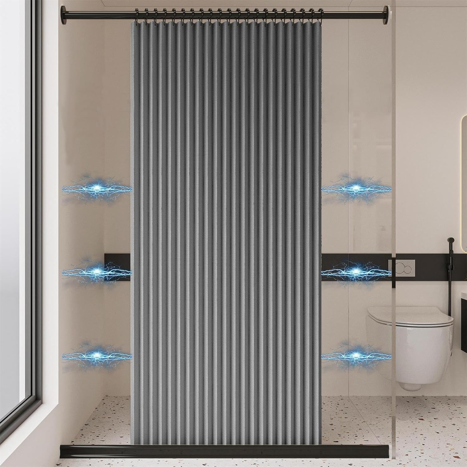 Cortina de ducha de lino plegable para baño con imanes, resistente al agua, adecuada para ducha que no incluye varilla telescópica