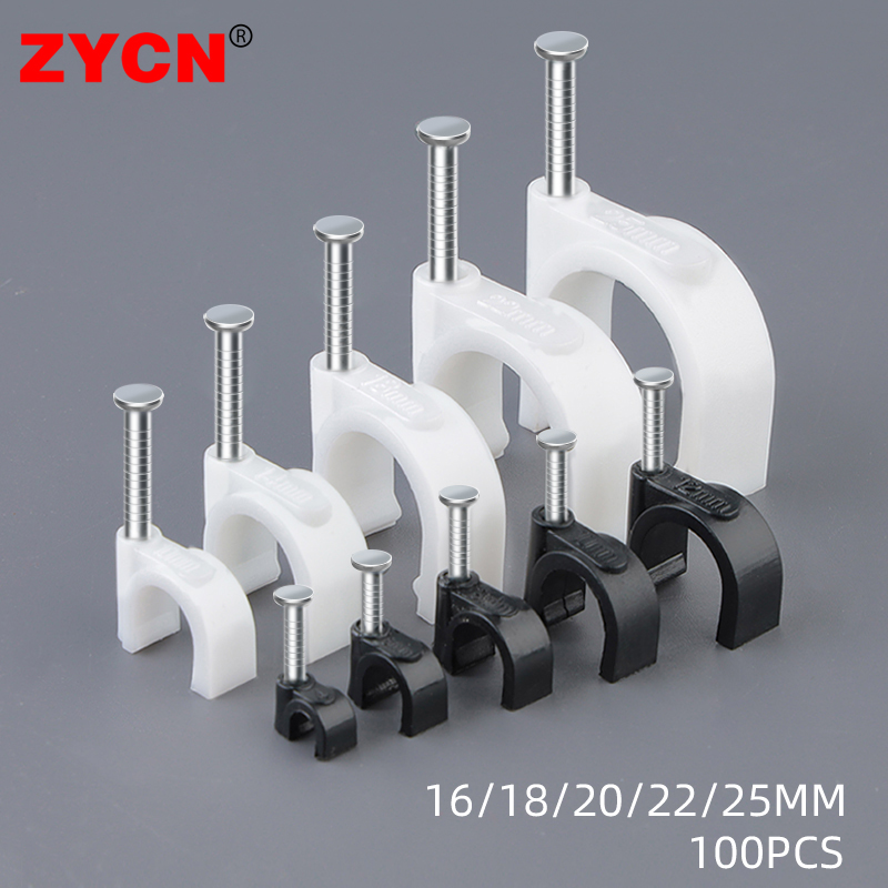 100Pcs Round Plastic Cable Clips Holder 16/18/20/22/25MM Electrical Wire Clasp Cord Tie Wall With Nail Circle Clamp 3/8 Tube