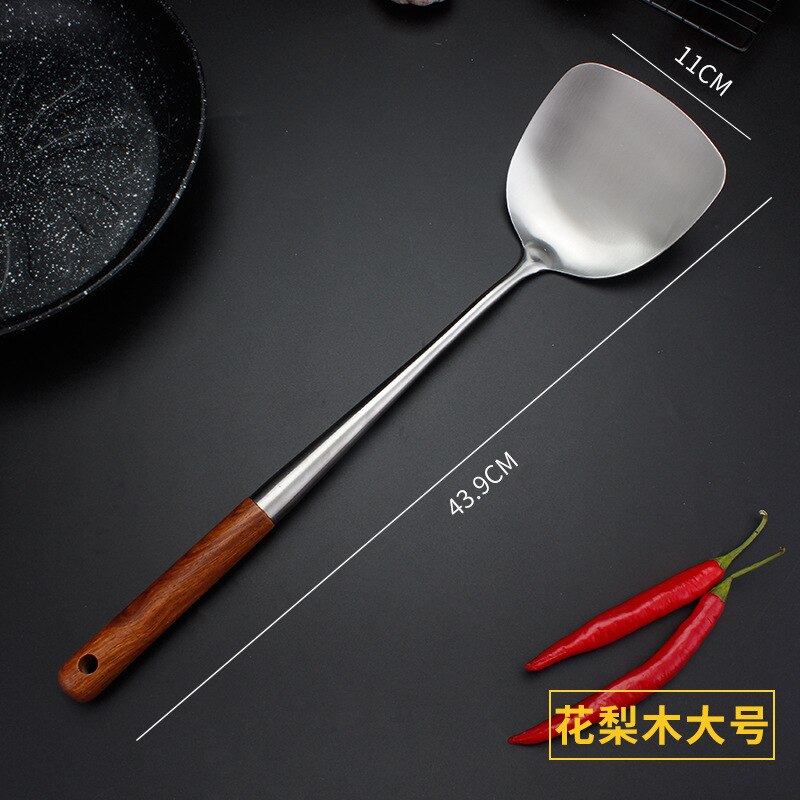 304 Stainless Steel spatula spoon with wooden handle lengthened cooking spoon anti-scalding cooking shovel kitchenware: Rosewood shovel  XL