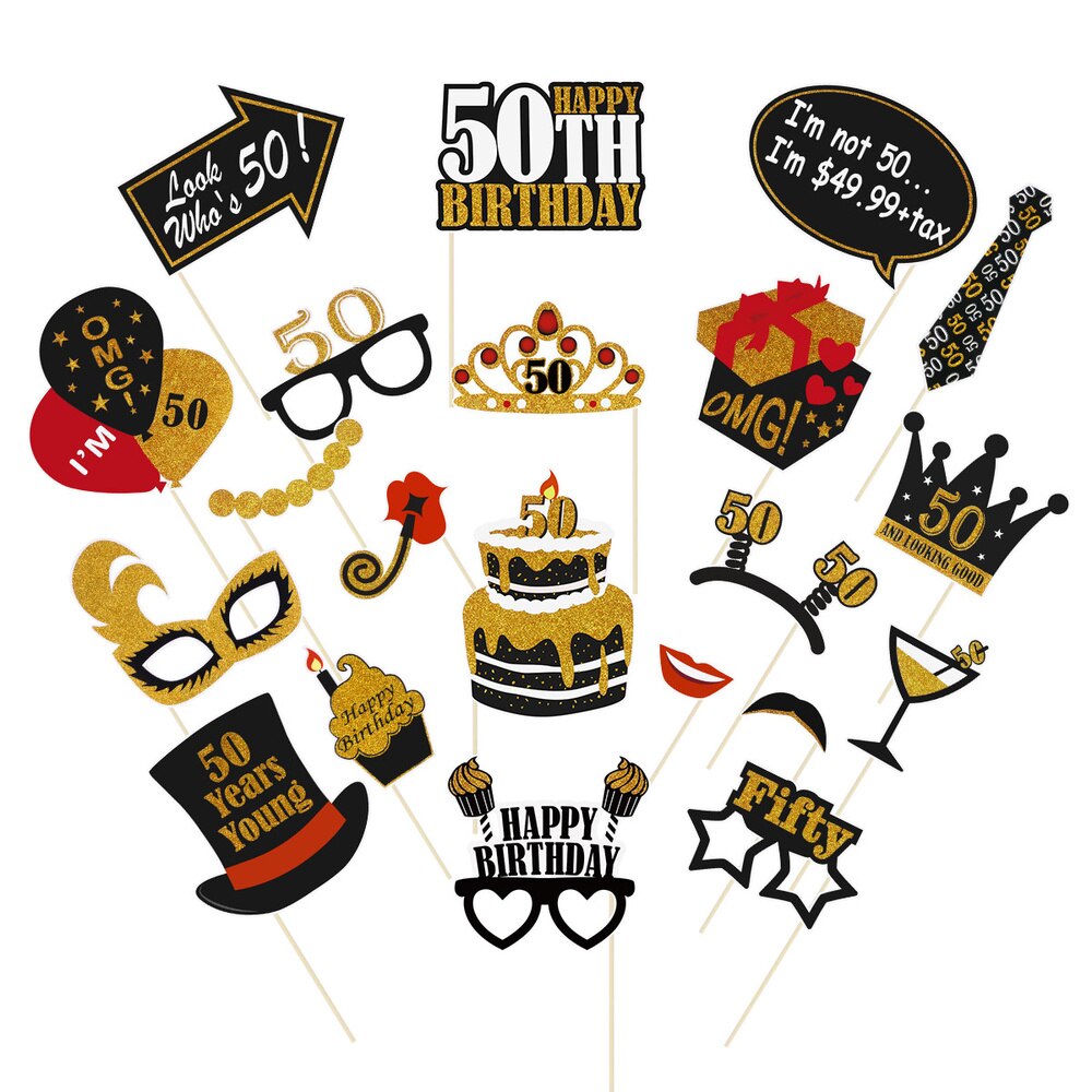 Amosfun-atrezo para fotografía de para adultos, conjunto de oro negro, Decoración de cumpleaños, 50 ° cumpleaños, 21 Uds.