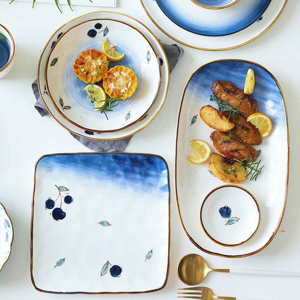 Home Gold Edge Blueberry Ceramic Tableware Heatable Oven Plate Soup Bowl Food Plate For Bread Noodles Salad Bakeware