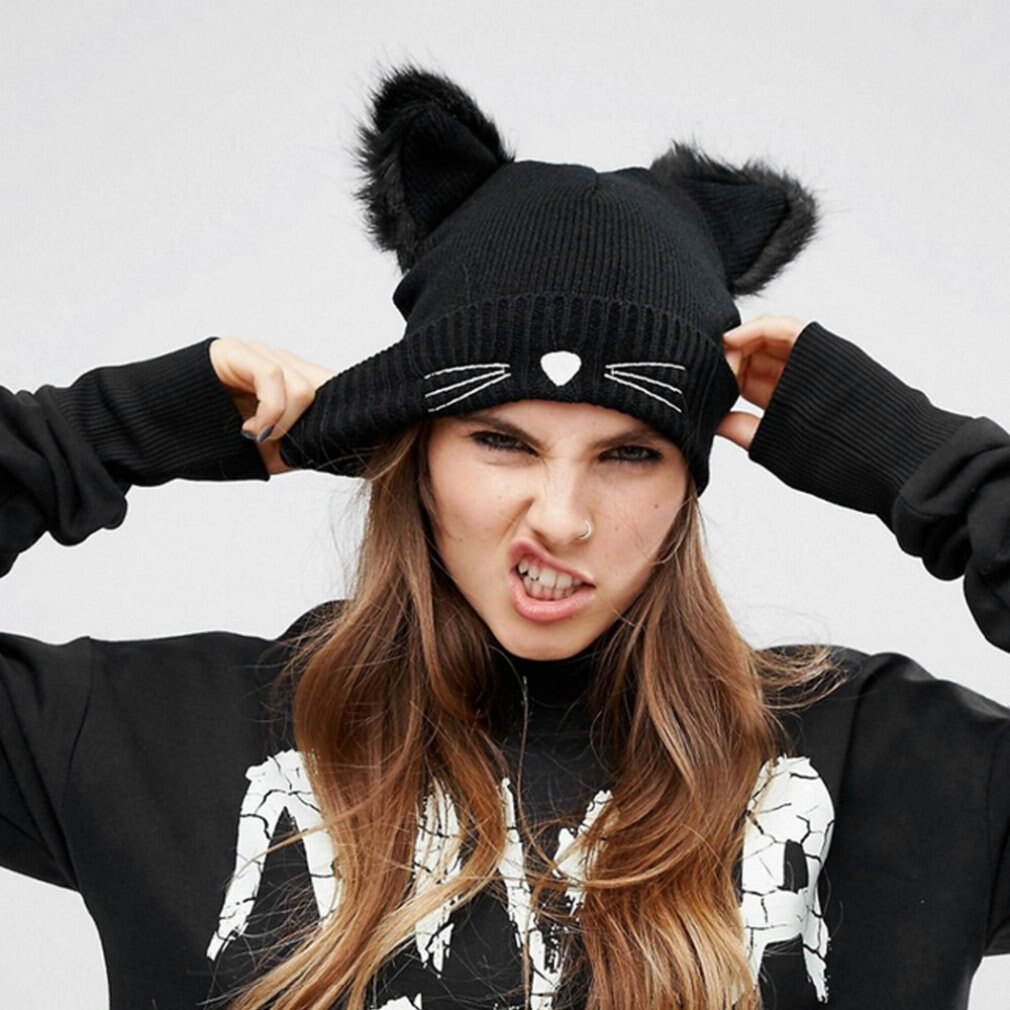 Funny Cat Ear Hat Winter Knit Cap Warm Winter Autumn Cap for Women Cap Solid Color Knitted Hat Cap