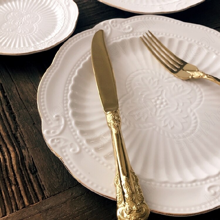 Golden Stroke Dessert Plate Nordic Modern Relief Craft Steak Pasta Dinner Plates Ceramic Carving Cake Fruit Dishes Tableware