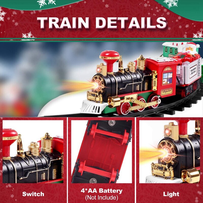 DeAO Treno Classico Natalizio Con Luci, Suoni E Fumo - Set Con Locomotiva, 3 Carri E Binari - Giocattolo Elettronico Per Bambini