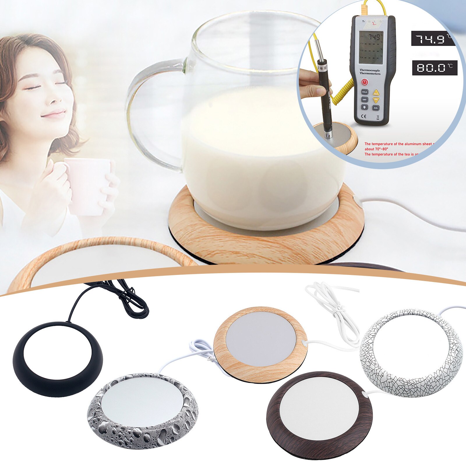 2022 USB Warmer Pad Protable USB Wood Grain Cup Warmer Heat Beverage Mug Mat Keep Drink Warm Heater Mugs Coaster USB Charging