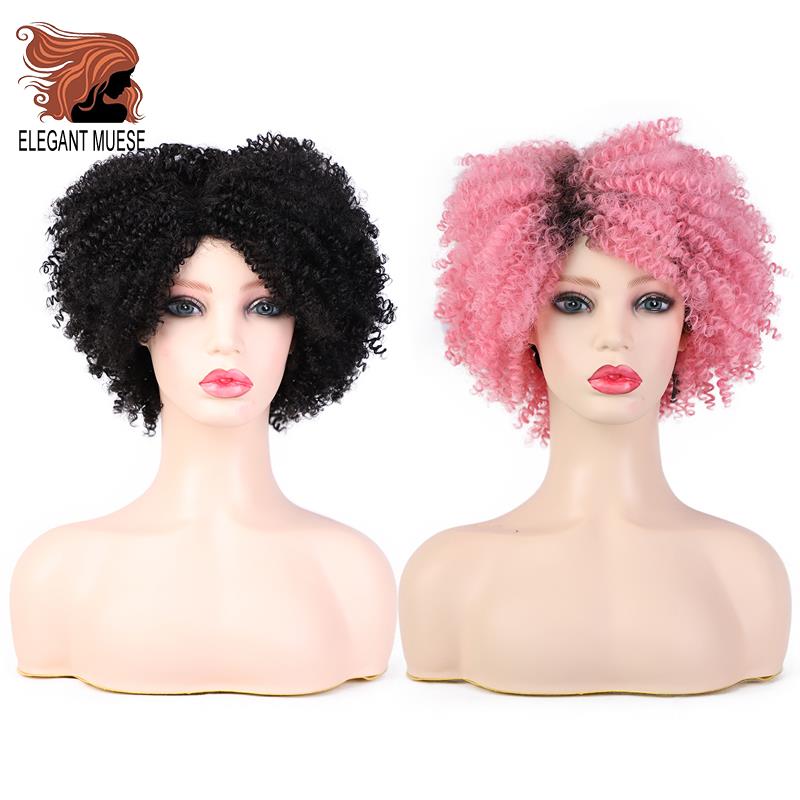 Elegante Muses Korte Afro Kinky Krullend Synthetische Pruiken Ombre Roze Haar Voor Zwarte Vrouwen 6 Inches Pruiken Natuurlijke Zwart Warmte slip
