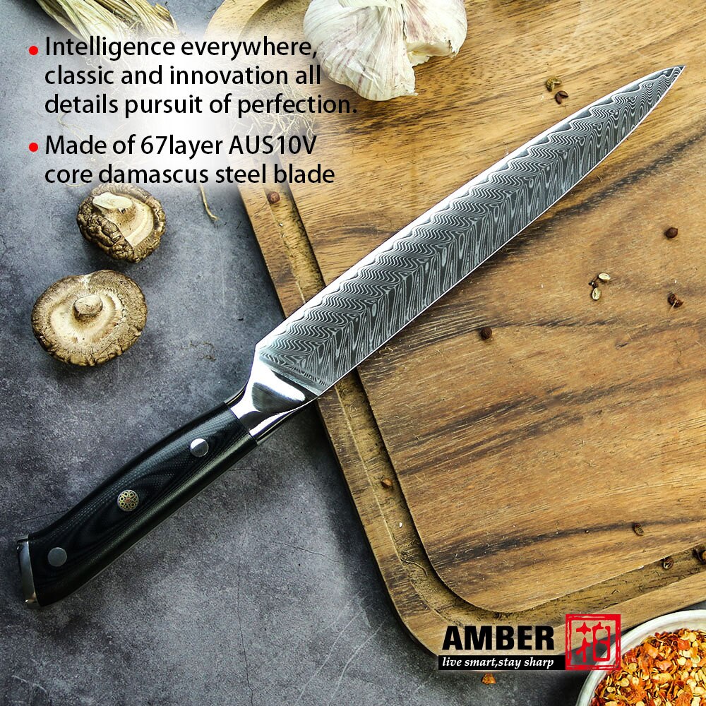 AMBER AUS-10 Black G10 Handle Ladder Pattern Damascus Knife 67 layers Damascus Steel 8 inch Kitchen Chef Knife: DMS-B056A Slicing