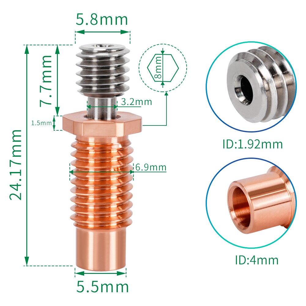 2/1 sztuk ze stopu tytanu Bi metal-metal E3D V6 gardła Heatbreak V6 mosiądz miedziowanie Hotend bimetaliczny dla Prusa i3 MK3 1.75MM: 2pcs V6 Throat / Type C V6 copper