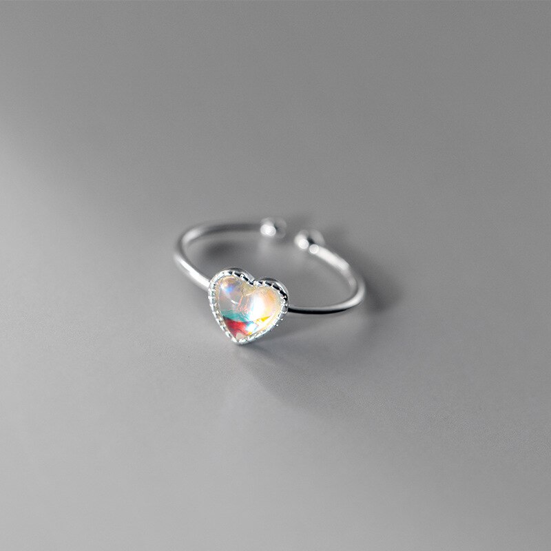 Inzatt echter 925 sterling silber gradient glas herz verstellbarer ring für damen süßer feiner schmuck minimalistisches accessoire
