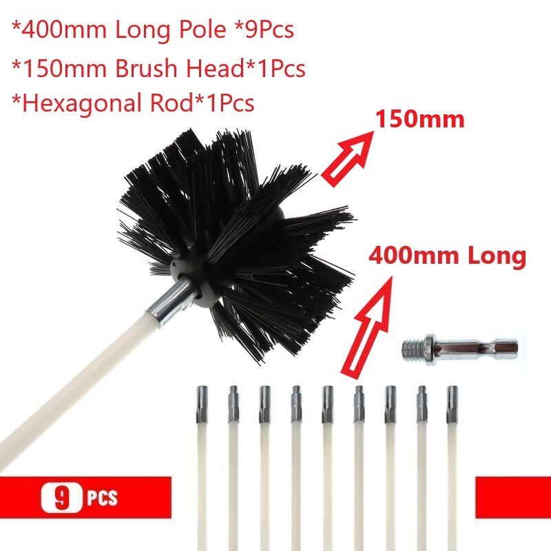 150mm Rotary Chimney Brush Long Handle Flexible Rod For Chimney, Dryer Pipe，Fireplace Inner Wall And Roof Cleaning Tools: 9Pcs 400mm Pole