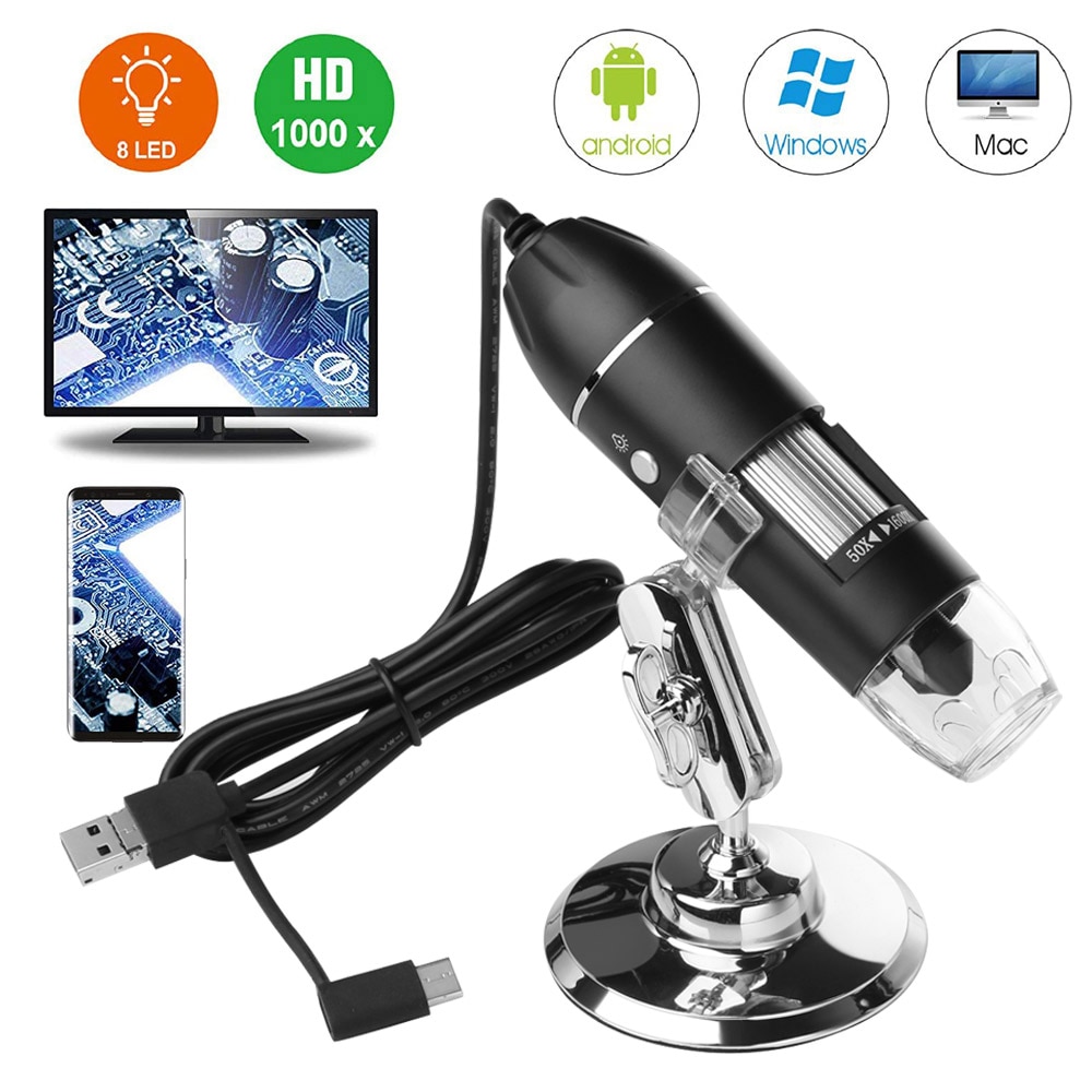 Microscopio Digital USB de 40X a 1000X 1600x Bysameyee, endoscopio con 8 LED de aumento, cámara con Estuche de transporte y soporte de Metal