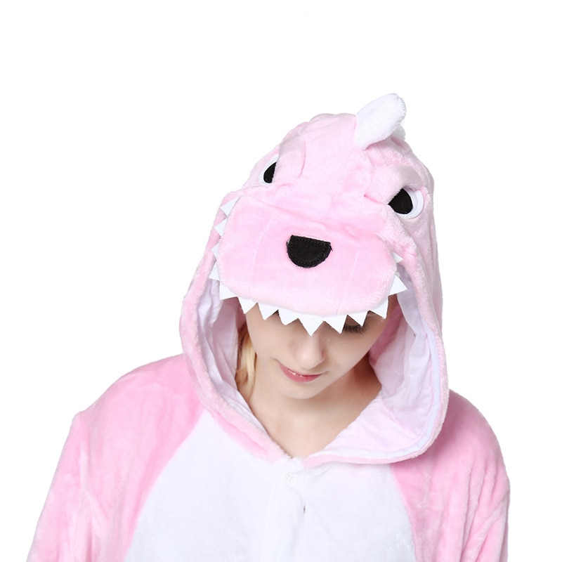 Winter Pink Flannel Pajama Sets Women One-piece Sleepwear Cosplay Dinosaur Kigurumi For Adults Pyjama Femme Stitch Hooded Onesie