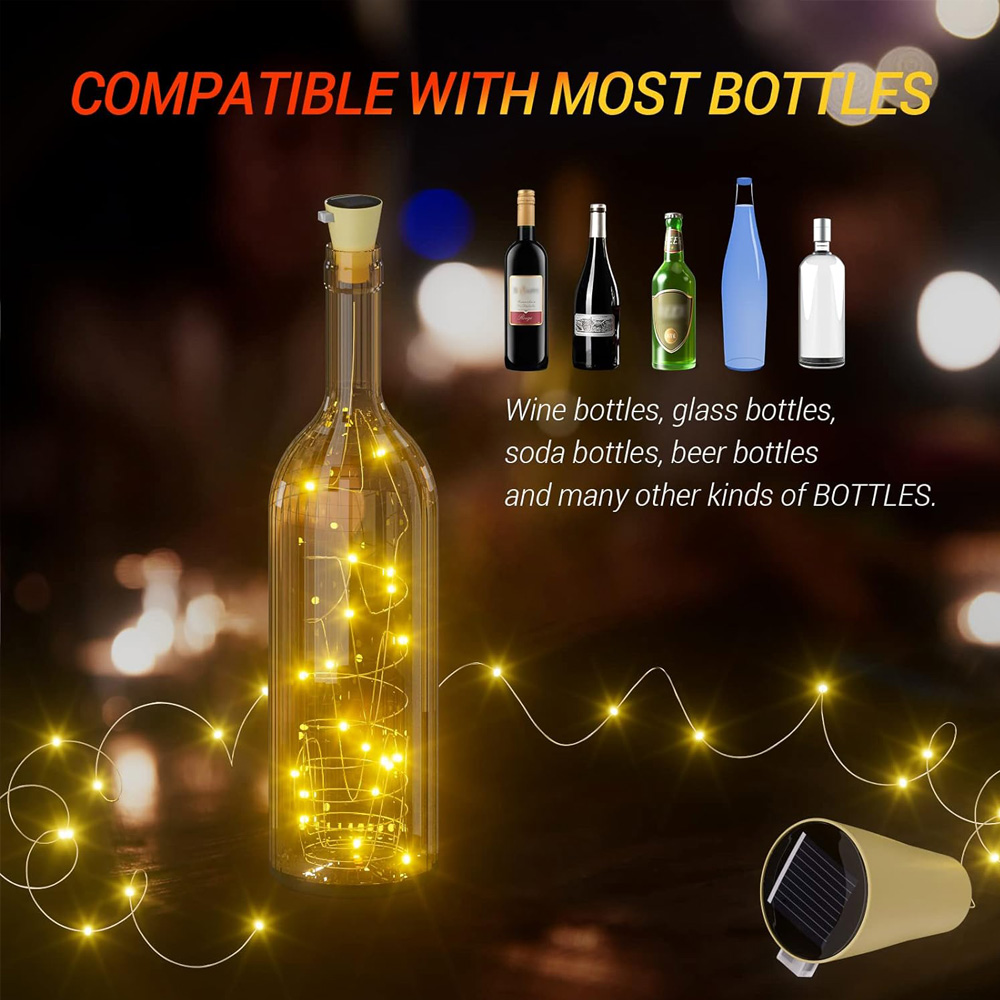 Guirnalda de luces solares para botellas de vino, 20LED, alambre de cobre Solar, luces de hadas con forma de corcho, lámpara navideña para decoración de jardín, de boda