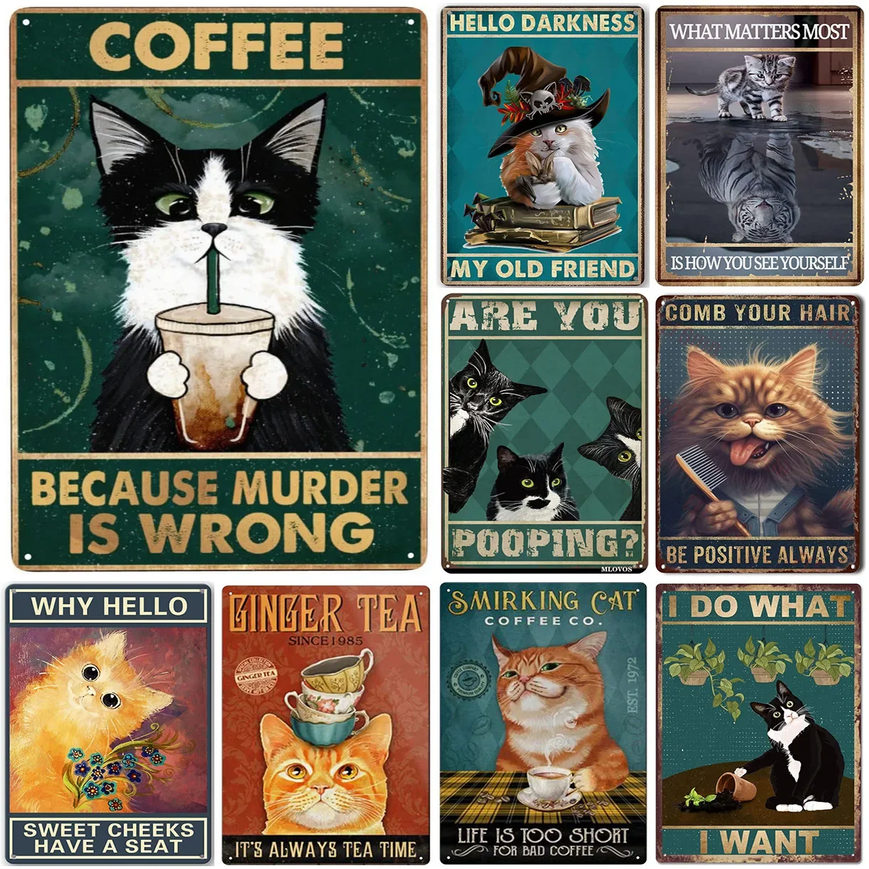 retro Katze Kaffee Metallschild Jahrgang Küchenschilder Wanddekoration Weil Mord ist falsch Lustige Schilder Bar Dekorationen Kunst Poster