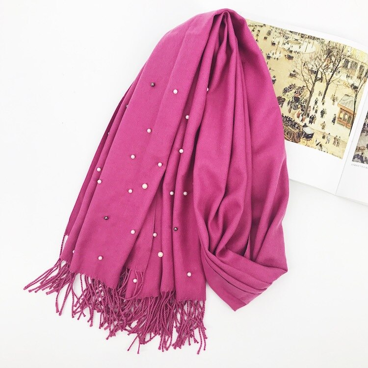 Écharpe de de luxe épais hiver femmes écharpe chaude cachemire étoile perle solide gland châle couverture pour emmailloter Hijab dame écharpe Pashmina: Light Red