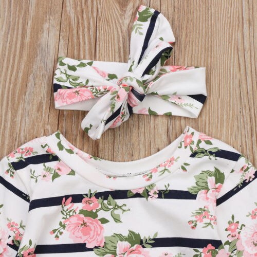 Newborn Infant Baby Girls Robes Long Sleeve Clothes 2Pcs Floral Striped Headband Outfit Autumn 0-12M