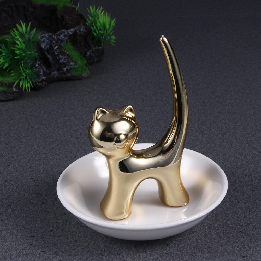 Plato de cerámica con forma de gato dorado para almacenamiento de joyas, bandeja decorativa para anillos, adorno de escritorio para pulsera, pendientes, collar