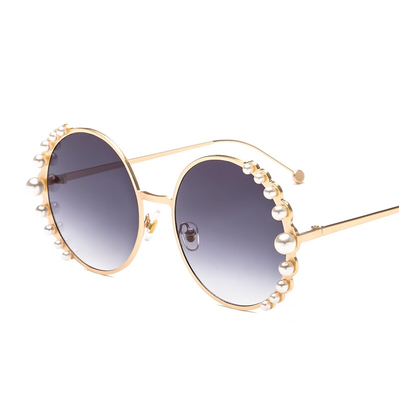 Luksus perle solbriller kvinder metal stel runde solbriller mærke spejl perle solbriller  uv400: Guldgrå