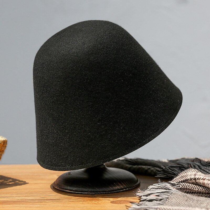 Chapeau en forme de cloche pour femme, casquette de pêcheur en laine, Style coréen, tendance rétro, Fedora, hiver, X4027: Black