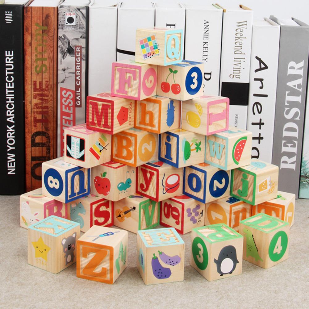 26Pcs Alphabet Fruit Animal Number Wooden Building Block Cube Education Kids Toy Intelligence Develop Toys