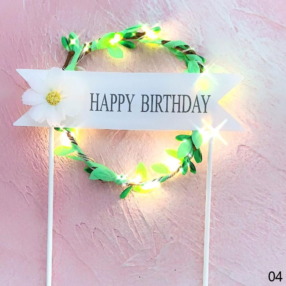Golden Silvery Happy Birthday Cake Topper With LED Light Garland Letters Resuable Topper Cupcake Dessert Decor Party Supplies: Green