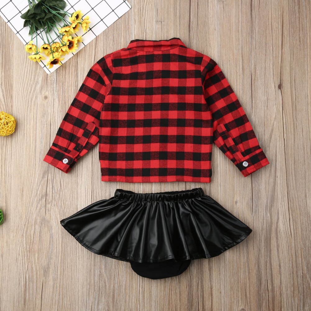 Spædbarn baby pige juletøj sæt plaid knude skjorter+læder nederdel shorts 2 stk baby pige efterårs outfits 0-24m