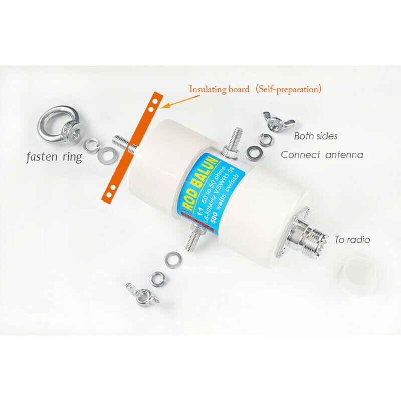 Balun HF étanche 500W 1:1, pour bandes 160m - 6m (1.8-50MHz), antenne V inversée à monter soi-même