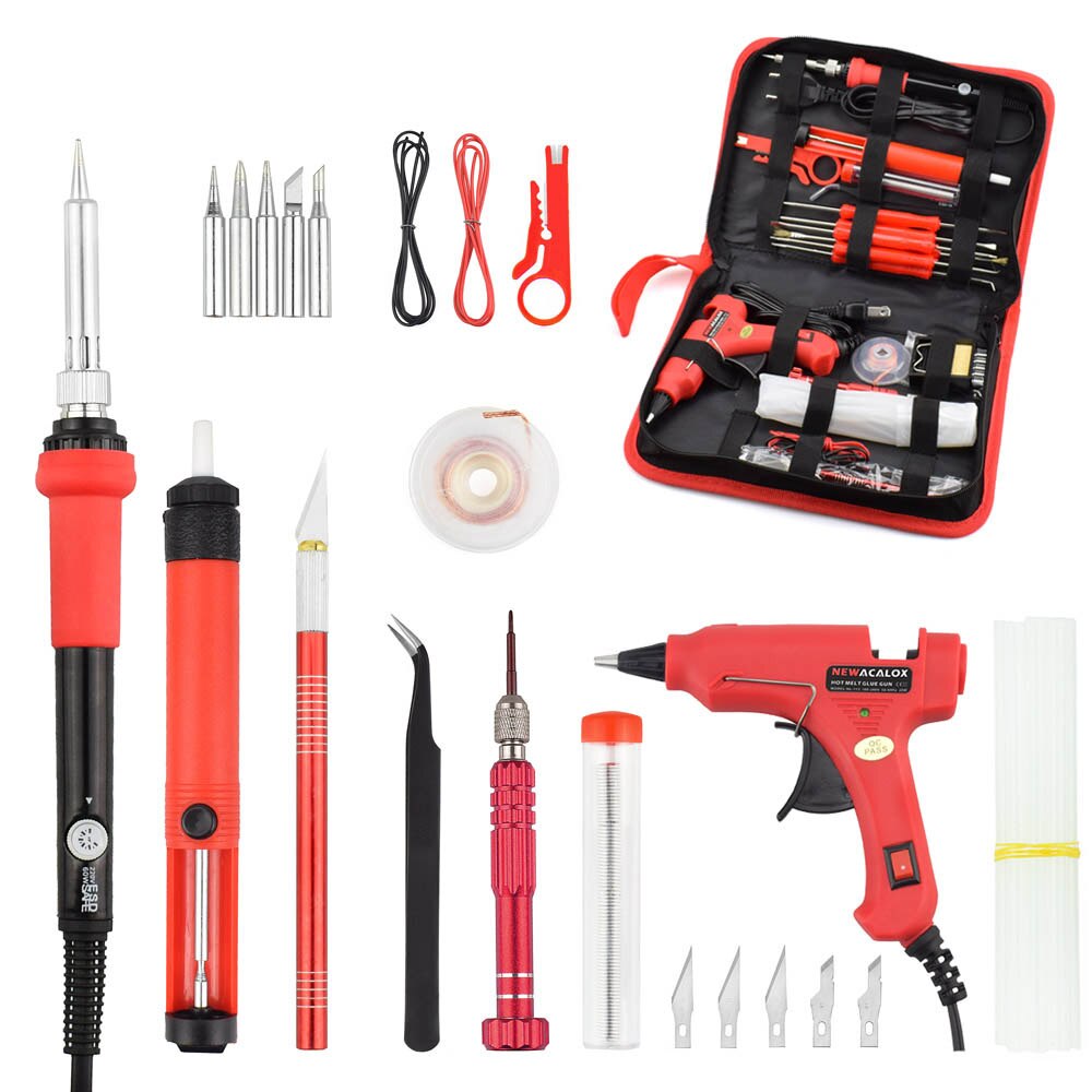 NEWACALOX Adjust Temp EU/US 60W ESD Soldering Iron Kit Welding Tool Set with Multimeter Glue Gun Solder Assist Set Repair Tools: T02R-14PC / US