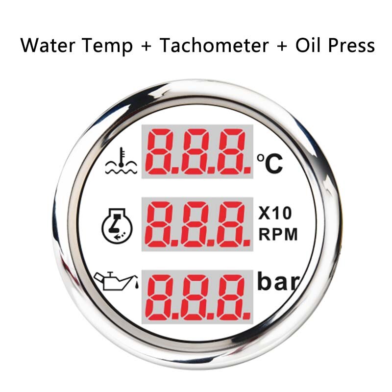 52mm Digital Gauge 3 in 1 Multi-Function Water Level Oil Press Fuel Gauge Tacho Meter Voltage With Alarm 9-32V: 10
