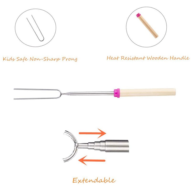 Bâtons de torréfaction à la guimauve brochettes télescopiques à la guimauve et fourchettes à -Dog avec poignée en bois sac de rangement