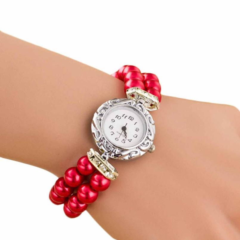 Newly Women Girl's Brand Pearl Beads Quartz Bracelet Watch Gofuly woman watch: Red