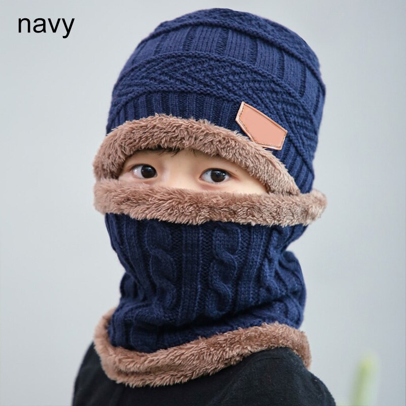 1 pz cappello sciarpa Set bambini fagiolo lavorato a maglia sciarpa berretto bambini autunno inverno pile caldo cappello sciarpa lavorata a maglia per ragazzi ragazze: navy