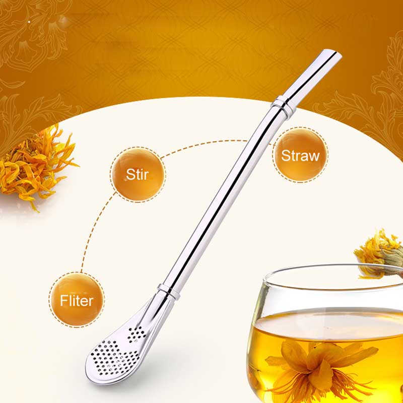 Stainless steel straw spoon coffee tea strainer reusable tea set tools washable home bar accessories