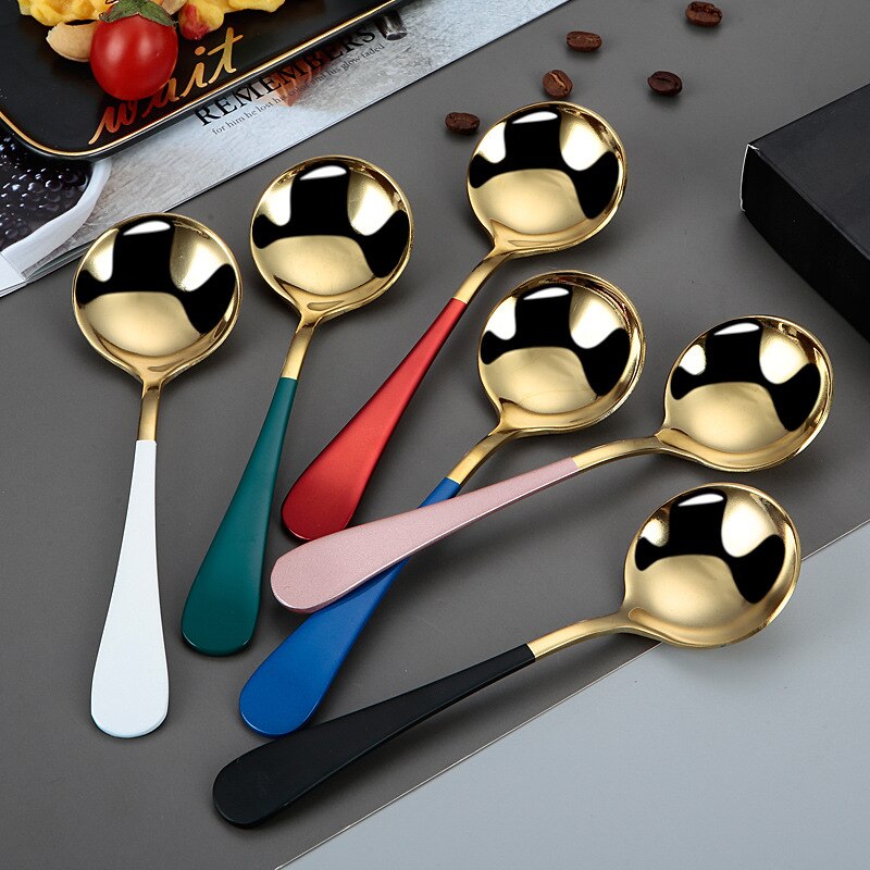 1pc Stainless Steel Round Head Spoon Long Handle Coffee Ice Cream Desserts Spoons Beautiful Tableware Housewares Kitchen