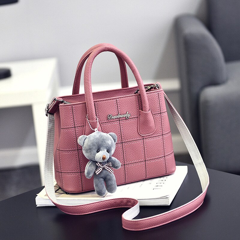 Sac à main en cuir Pu pour femmes, fourre-tout à motif à carreaux, petit sac à bandoulière, fourre-tout de dessin animé ours,: Rose