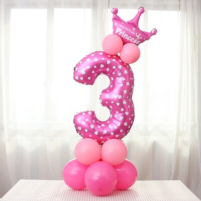 17 Stks/set 32 Inch Regenboog Nummer Folie Ballonnen Crown Digitale Helium Ballon Bruiloft Decoratie Verjaardag Feestartikelen: Solid color Pink 3