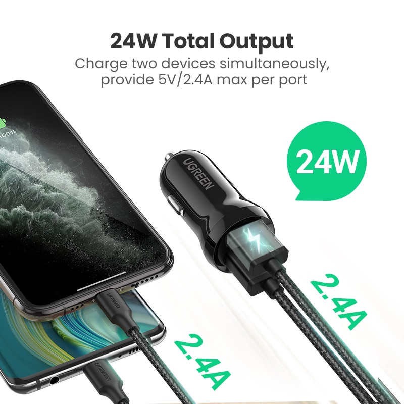 Ugreen mini 4.8A ładowarka samochodowa USB robić telefonu komórkowego tablet GPS szybka ładowarka ładowarka samochodowa podwójna ładowarka samochodowa USB adapter w samochodzie
