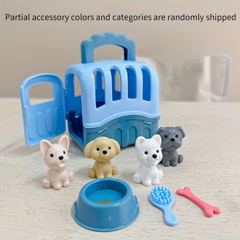 8pcs/set Cute Dog Pet Basket Family Toys Dog Doll Set Dog Cage Toys Scene Playing Toys Christmas Decoration: Blue