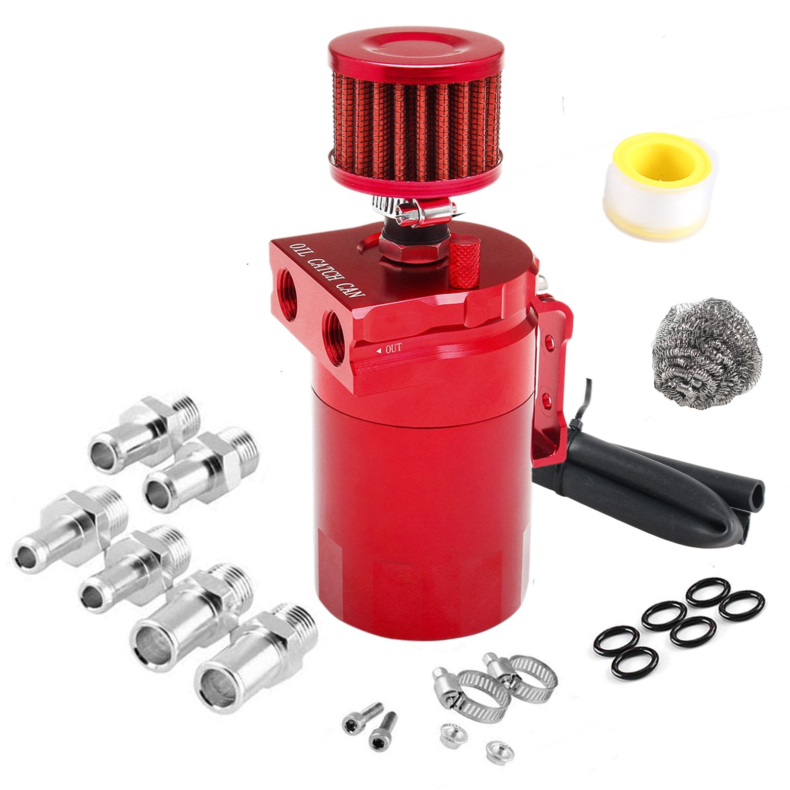 Car Baffled Oil Catch Can Reservoir Tank with Air Filter Breather Baffled Aluminum Fittings Oil Dipstick Hole Breathable Kettle: Red