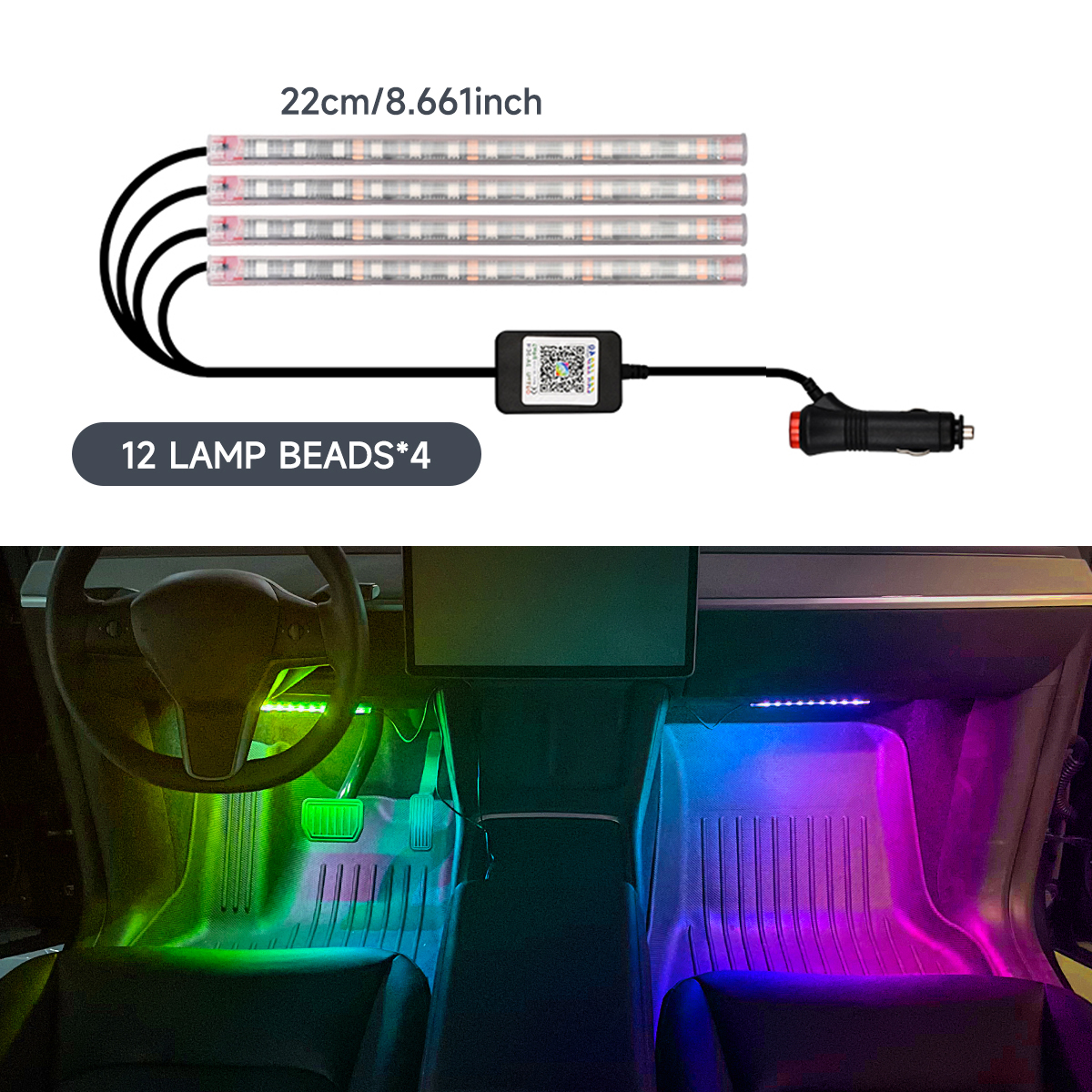 Luz LED Interior 4 en 1 de 5V-12V RGB, lámpara LED para coche, luz para pie, decoraciones para coche, control por aplicación, luz de ambiente de ritmo dinámico: 4300 K blanco amarillo