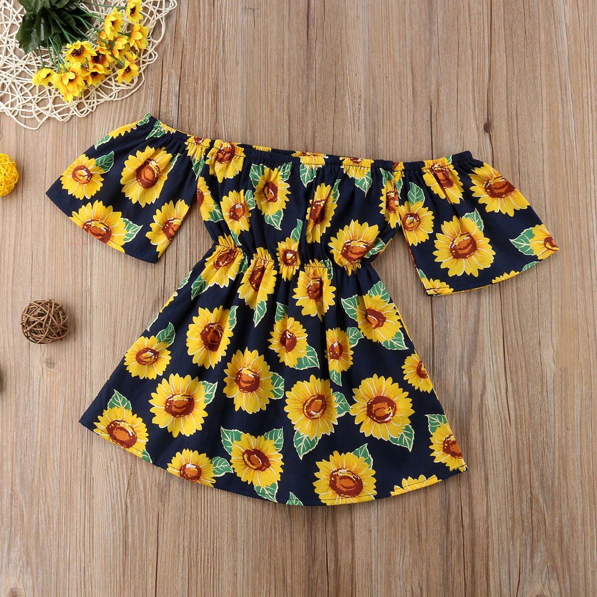 ¡Novedad de ! Vestido de verano para bebés de 1 a 6 años, vestido con hombros descubiertos girasol y acampanado, Vestido de manga corta para niños