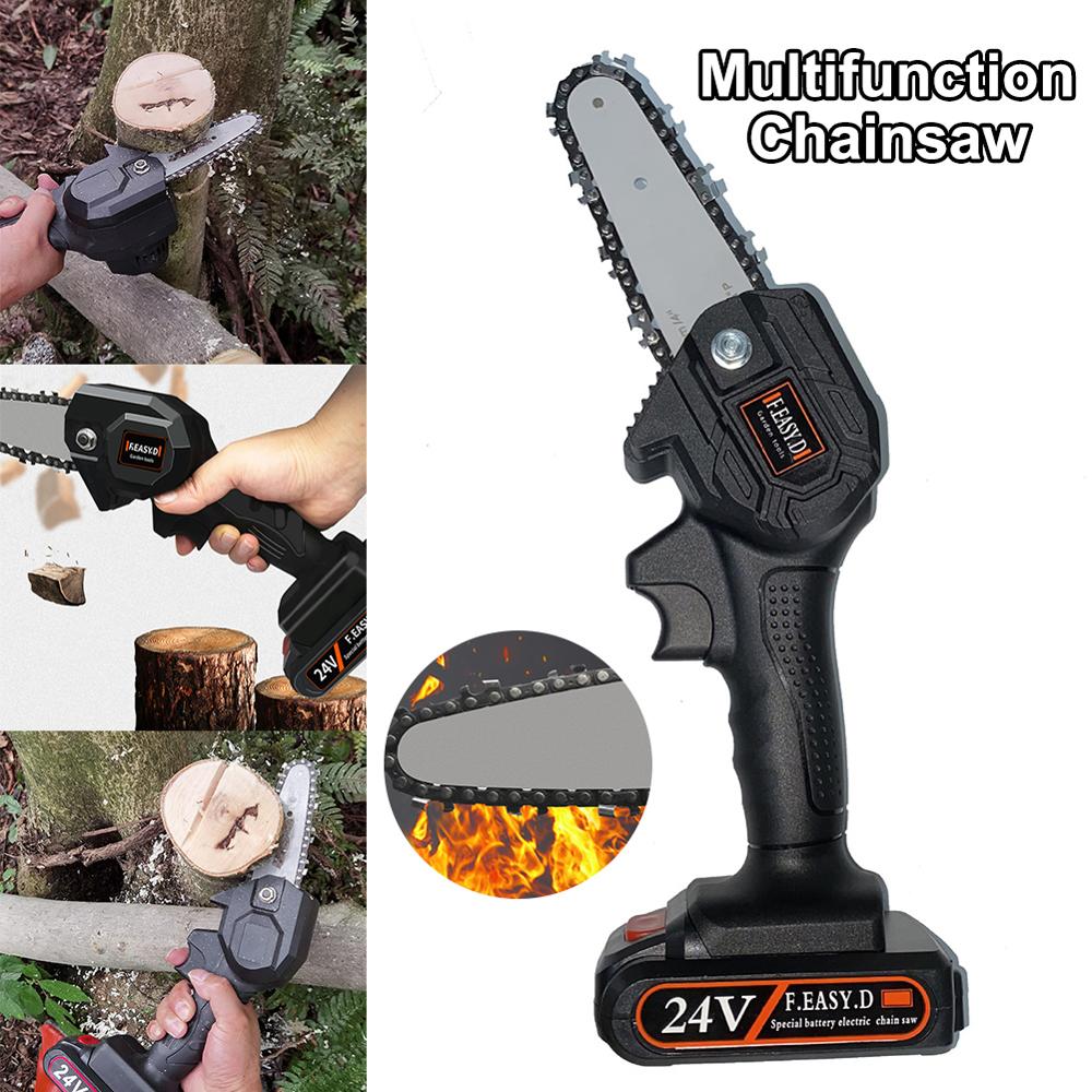 24V Mini Electric Chainsaw Portable 4 Inch Pruning Saw Rechargeable Cordless Electric Pruner Branch Pruner Wood Cutter