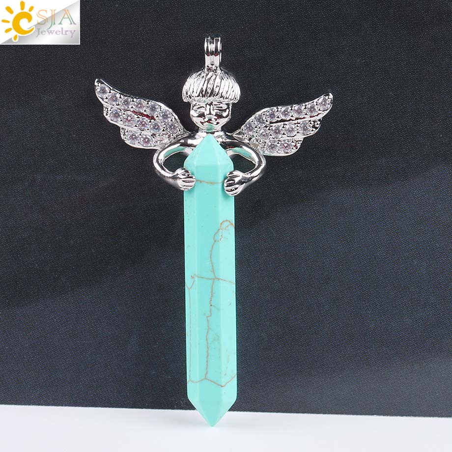 CSJA Gli Uomini e Le Donne Amano Regalo di Cristallo Naturale Gemma di Pietra Lunga Spada Esagonale Prisma Cupido Ali di Angelo Pendenti Con Gemme E Perle per Collane e818: Turquoise B