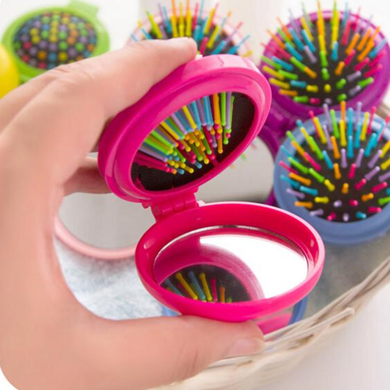 Mini peine plegable multifunción , cepillo de pelo de viaje redondo con espejo, para maquillaje